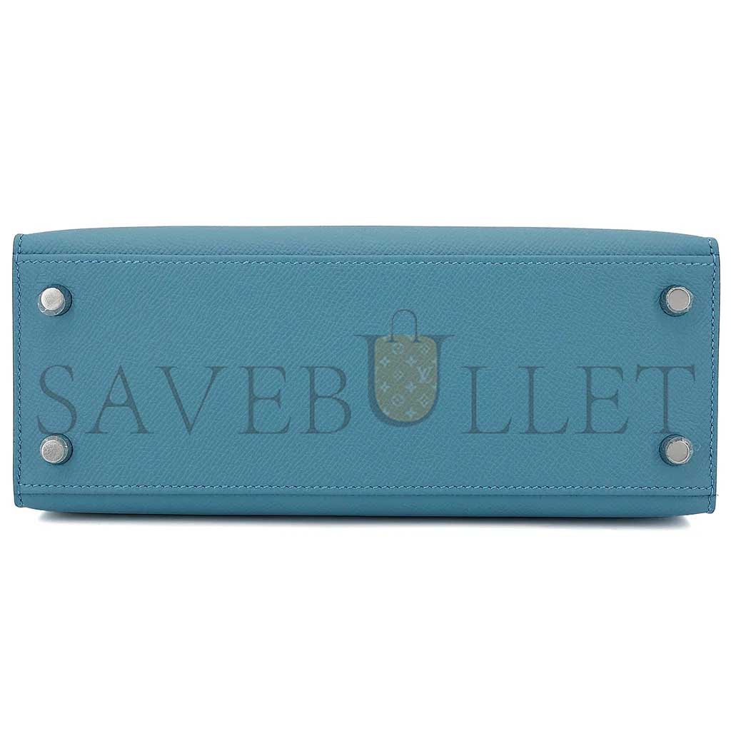 HERMÈS KELLY 25 BARK COLOR 2S SESAME DENIM BLUE EPSOM SILVER BUCKLE (25*17*7cm)